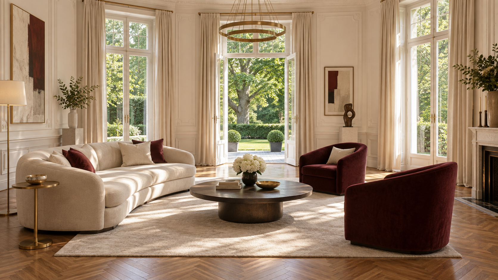 Heller Villensalon mit Fischgrätboden, cremefarbenem Sofa und weinroten Sesseln