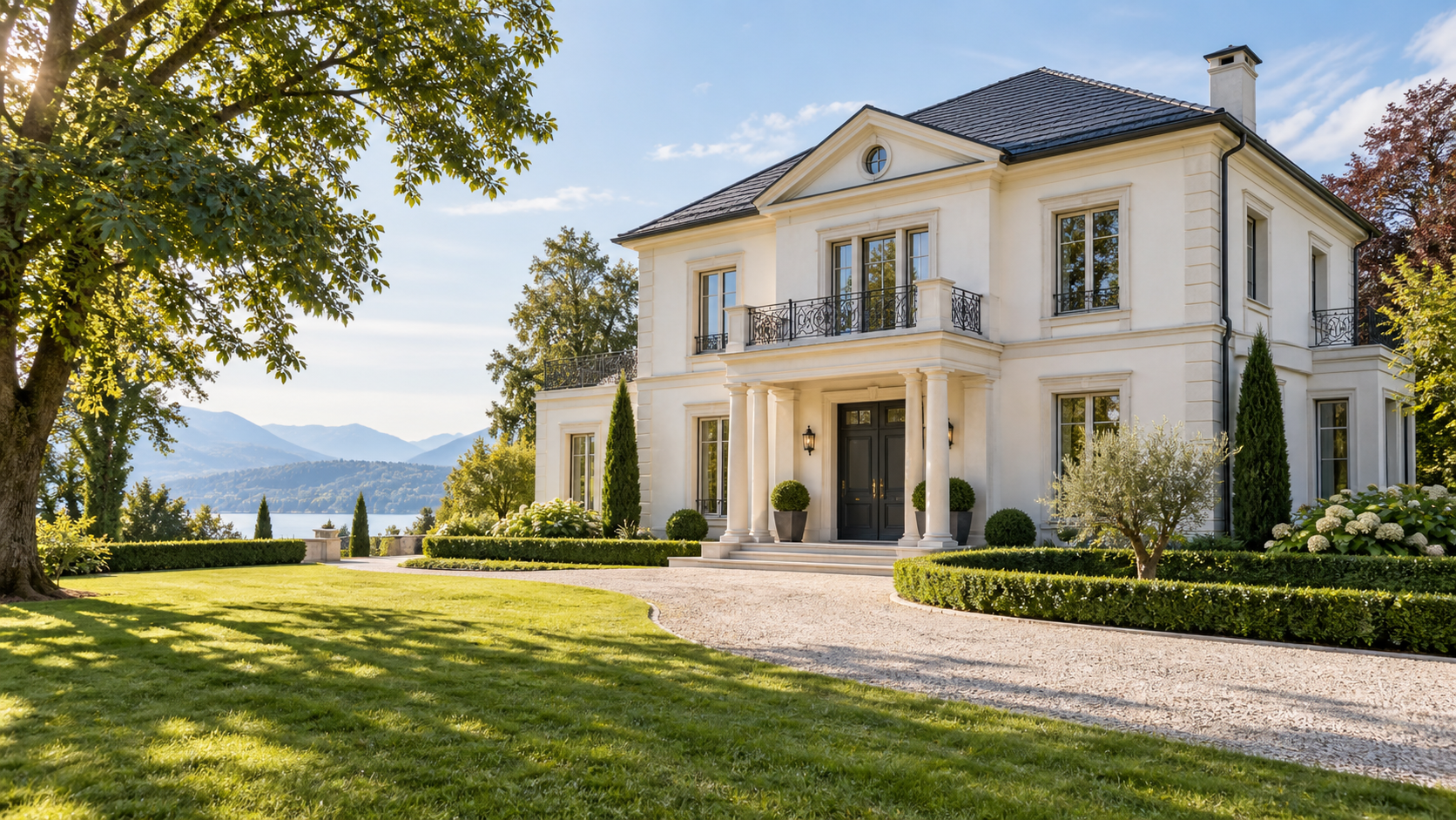Repräsentative helle Villa mit klassischer Fassade und großzügigem Garten